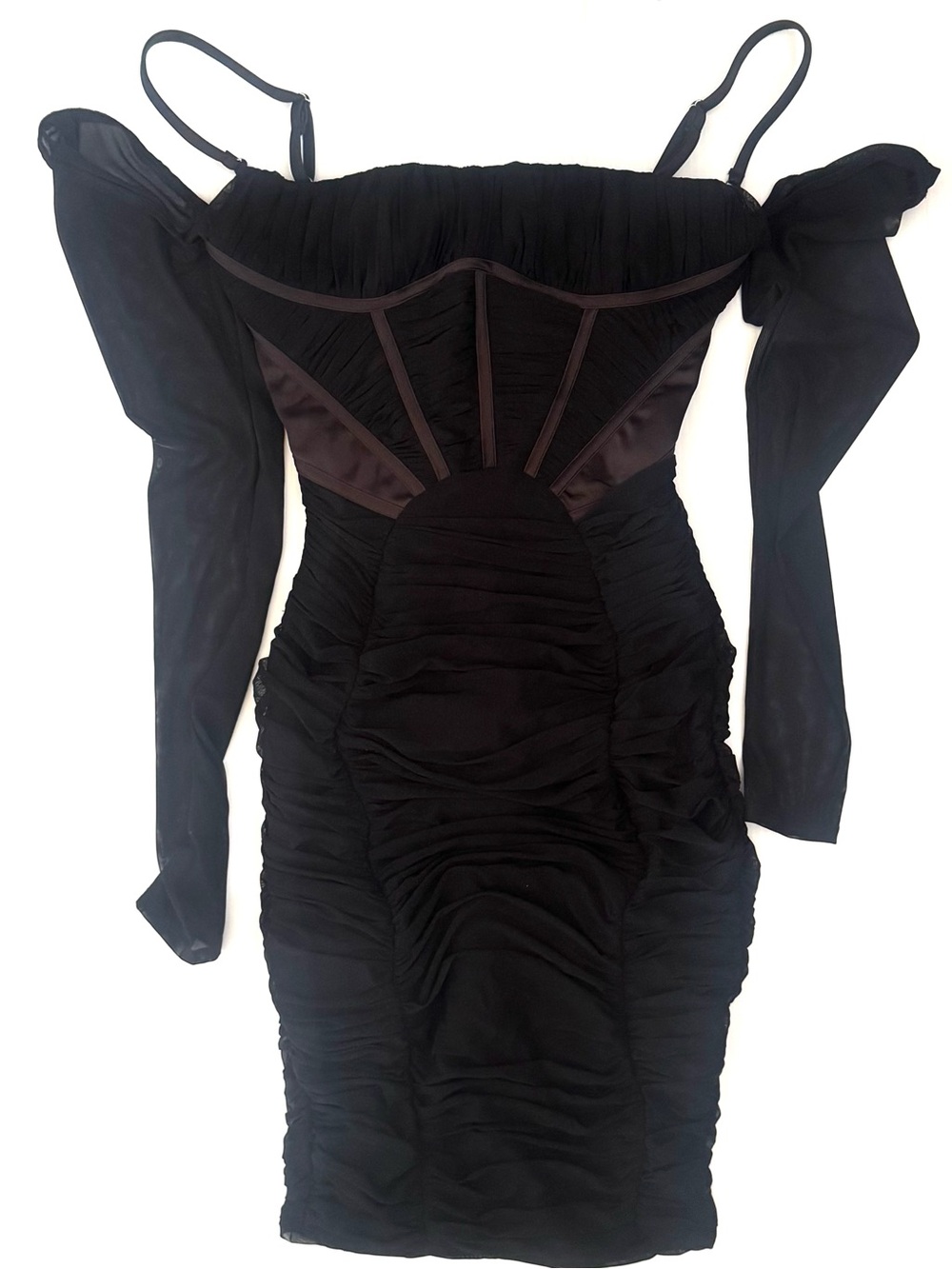 House of CB Freyja Satin Ruched Long Sleeve Bodycon Dress - Black Size Small - Picture 3 of 6